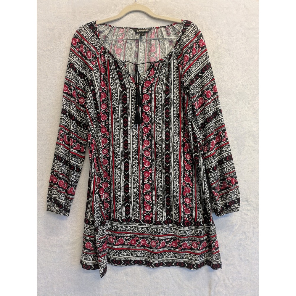 Express Women XS TP Boho Floral Print Tassel‎ Tie Long Sleeve Rayon Tunic Dress